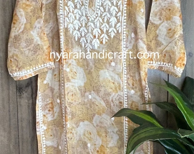 Beige Floral Printed Chikankari Kurta on Soft Pure Cotton / Free Shipping in US