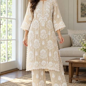 Beige Chikankari Kurta and Pants on Muslin /  Ships from Ohio