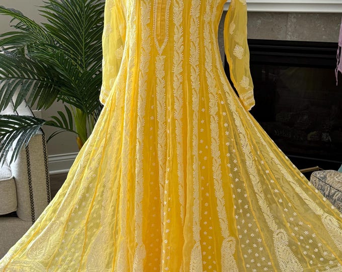 Yellow Lucknow Chikankari Anarkali / Liner Included /FREE SHIPPING