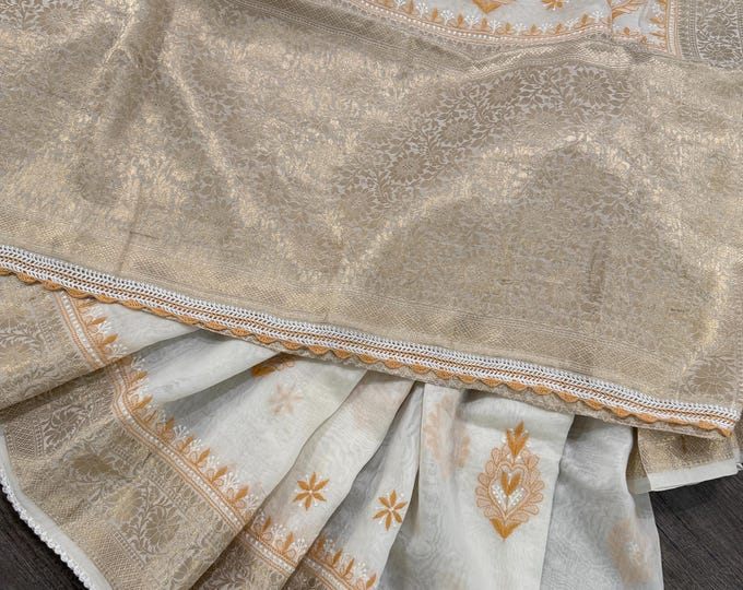 Pure Chanderi Silk Off White Chikankari Banarasi Saree / Fall and Petticoat included/ Free Shipping in US