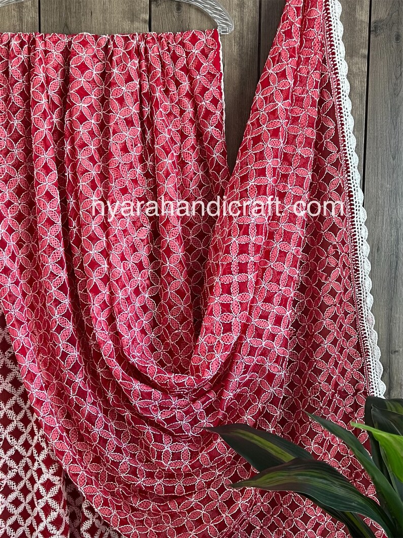 Red Chikankari Dupatta on Georgette / Hand Embroidered / Lucknow shops Chikankari