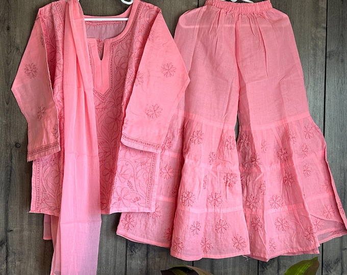 Girls Coral Pink Short Kurta and Sharara Set / Soft Cotton /Free Shipping in US