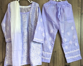 Lavender Chikankari Girls Kurta Pants Set / Soft Cotton /Free Shipping in US