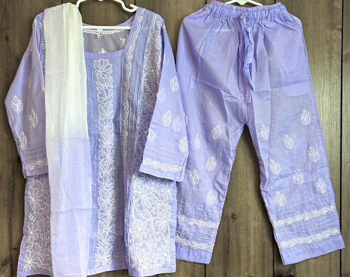 Lavender Chikankari Girls Kurta Pants Set / Soft Cotton /Free Shipping in US