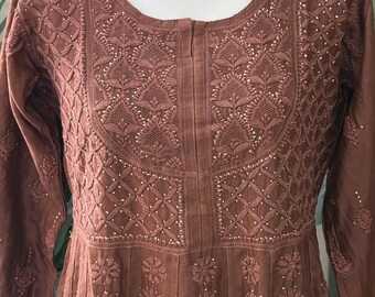 Brown Chikankari Pure Chanderi Silk Anarkali / Free Shipping in US