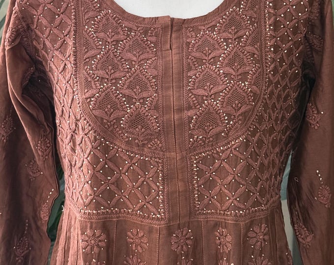Brown Chikankari Pure Chanderi Silk Anarkali / Free Shipping in US