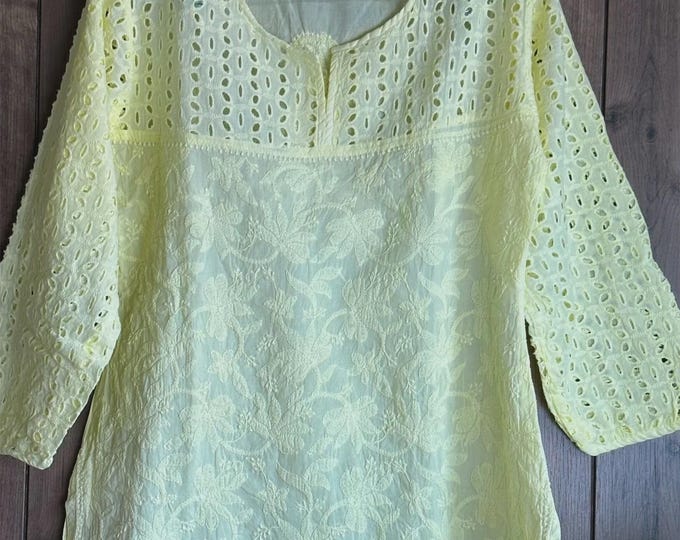 Yellow Chikankari Pure Cotton Blouse  / Short Kurti / Hand Embroidered /Free Shipping in US