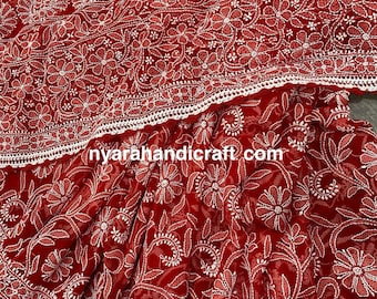 Red Chikankari Saree with Petticoat / Heavy all over hand embroidery/Free Shipping in US