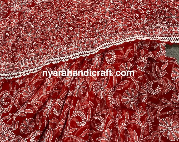 Red Chikankari Saree with Petticoat / Heavy all over hand embroidery/Free Shipping in US