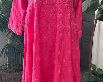 Hot Pink Lucknow Chikankari Pure Chanderi Silk Anarkali / Free Shipping in US