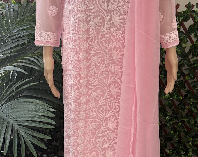 Lucknow Chikankari Pink Kurta and Palazzo Set / Georgette / 4 pc set  /FREE SHIPPING in US