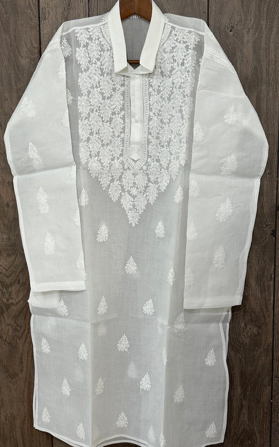 White Chikankari Kurta for Men / Soft Cotton Hand Embroidered/ Free Shipping in US