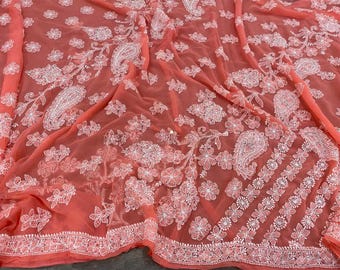 Peach Chikankari Saree hand embroidered/ Petticoat included/ Free Shipping in US