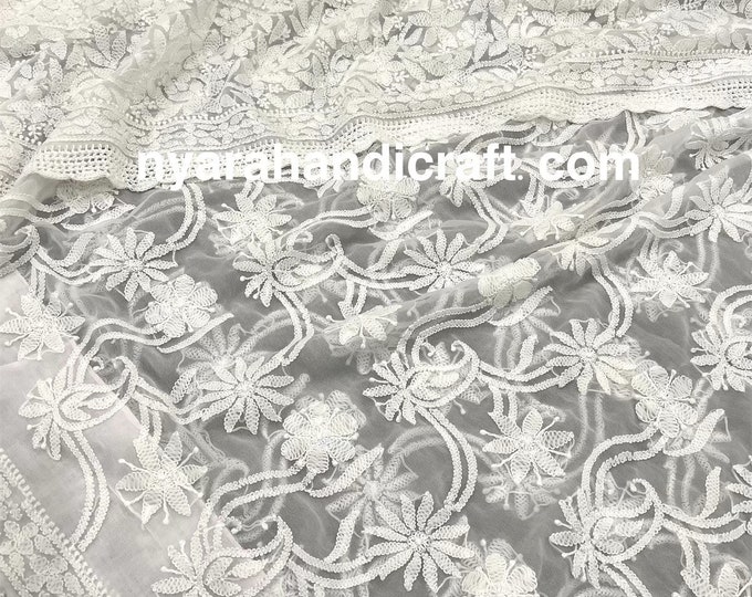 Lucknow Chikankari White Saree on georgette/ Heavy All Over Hand Embroidery/Free Shipping in US