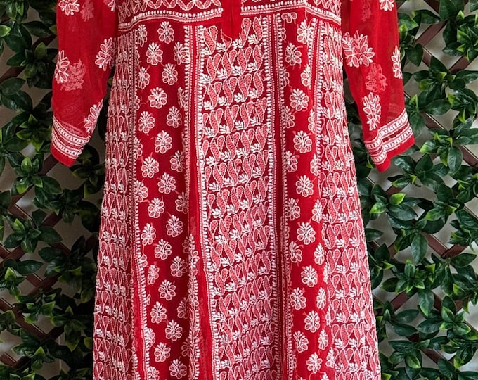 Red Lucknow Chikankari Anarkali / Matching liner included /FREE SHIPPING in US