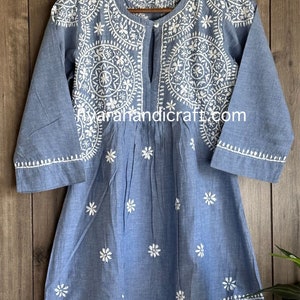 Blusa curta de algodão Chikankari, linha A, kurti, bordada à mão, frete grátis nos EUA