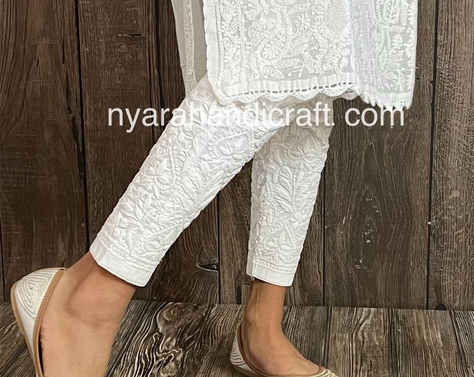 Lucknow Chikankari Stretchable Cotton Pants / Ankle Length / Hand Embroidered