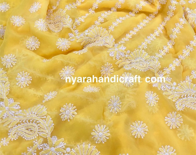 Yellow Chikankari Saree /Fall and petticoat included/ Free Shipping