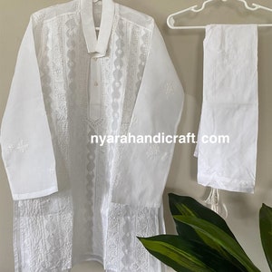 Boys pure cotton White Kurta Pajama set with Chikankari hand embroidery/ Free Shipping in US