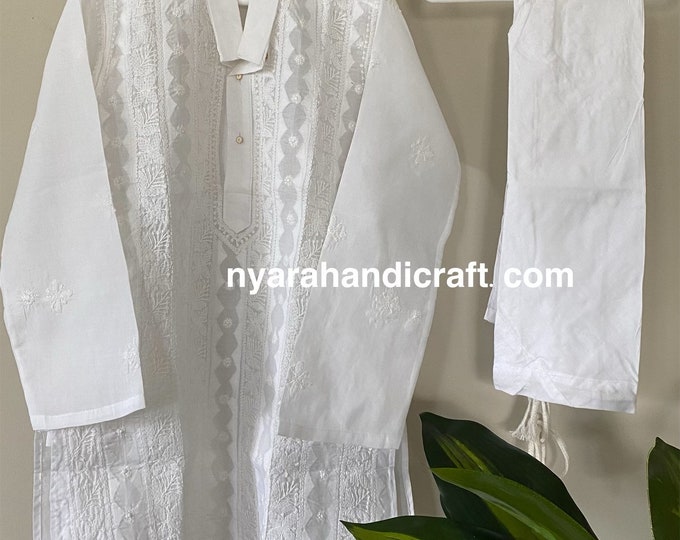 Boys pure cotton White Kurta Pajama set with Chikankari hand embroidery/ Free Shipping in US