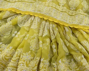 Bright Yellow Chikankari Saree/ Fall and petticoat included/ Free Shipping in US