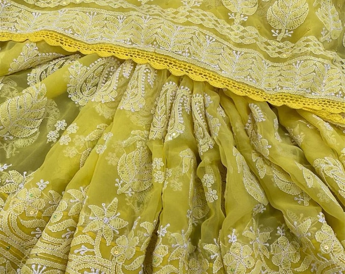 Bright Yellow Chikankari Saree/ Fall and petticoat included/ Free Shipping in US