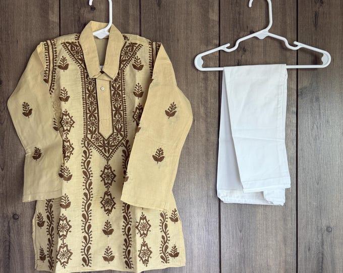 Boys Cotton Kurta Pajama set with Chikankari / Free Shipping in US