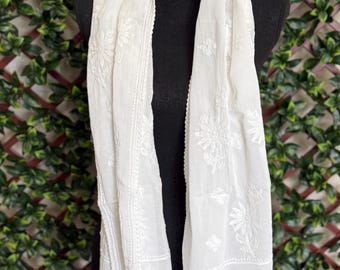 Lucknow Chikankari White Pure Cotton Stole / Scarf /Free Shipping in US