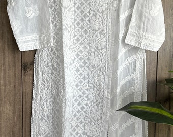 Lucknow Chikankari White  Kurta /  Soft Malmal Cotton /Free Shipping in US