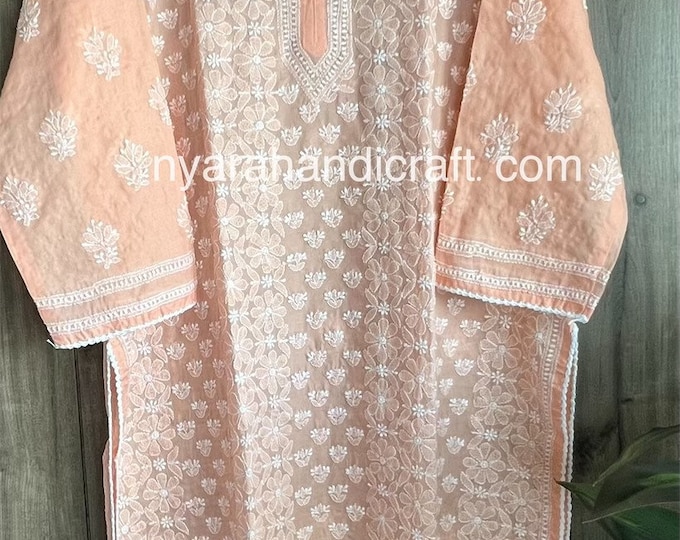 Lucknow Chikankari Light Orange Kurta /Soft Cotton / Liner included/Free Shipping in US