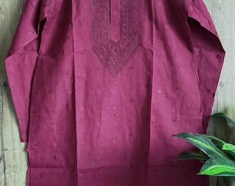 Plum Chikankari Cotton Kurta for Men / Hand Embroidered / Free Shipping in US