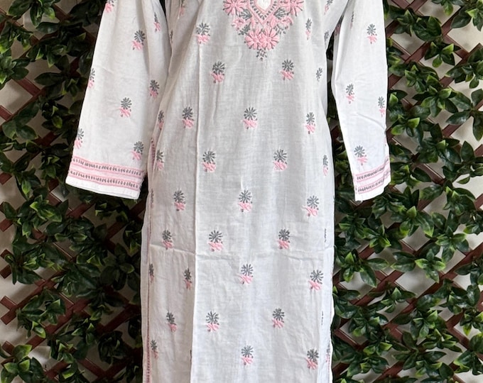 Pure Cotton White Kurta with Chikankari / Free Shipping in US