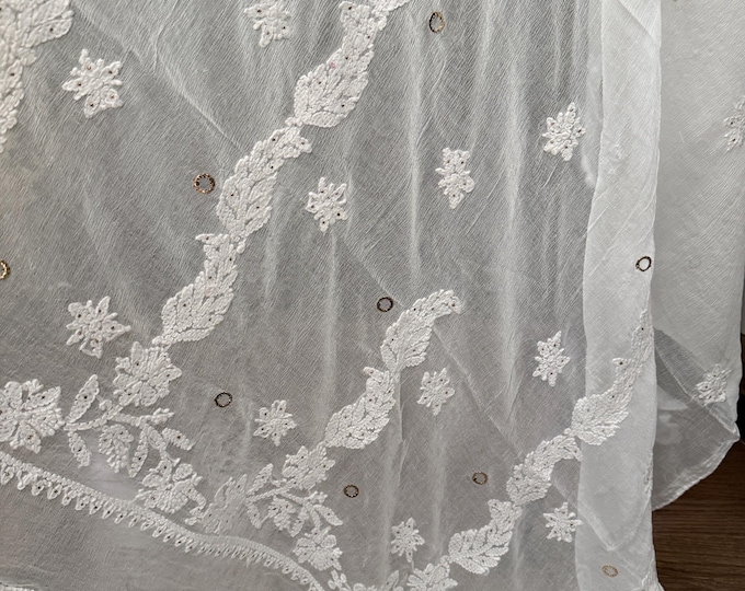 Off White Chikankari Dupatta on Chiffon with Mukaish / Embroidery designs vary