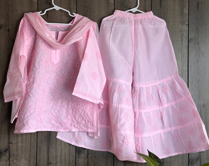 Girls Pink Short Kurta and Sharara Set / Soft Cotton /Free Shipping in US