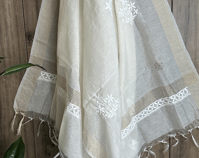 Off White Chikankari Dupatta / Cotton Silk / Free Shipping in US