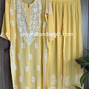 Chikankari Kurta Palazzo em algodão modal macio/bordado à mão/frete grátis nos EUA