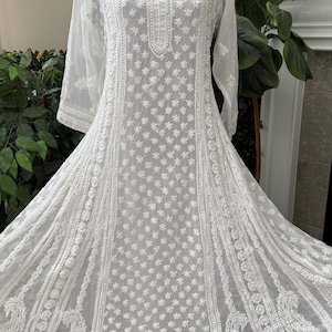 White Chikankari Anarkali on Georgette/ Liner Included/ Free Shipping In US