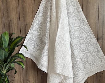 White Chikankari Pure Cotton Dupatta / Hand Embroidered /Free Shipping in US