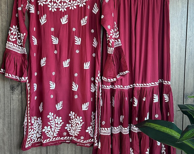 Chikankari Maroon Short Kurta and Sharara / Soft Modal Cotton / Hand embroidered /Free Shipping in US