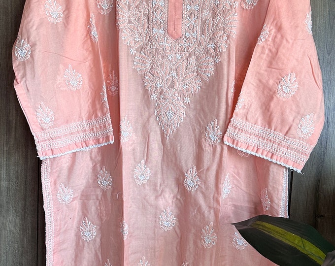 Lucknow Chikankari Light Peach Kurta Tunic/Soft Cotton / Liner included/Free Shipping in US