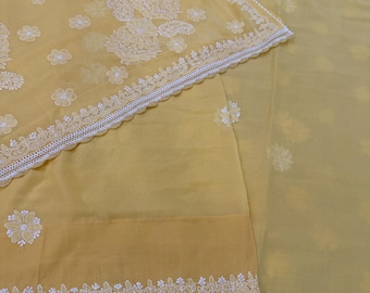 Pale Yellow Chikankari Cotton Saree / Fall and Petticoat included/ Free Shipping