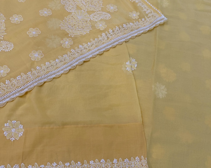 Pale Yellow Chikankari Cotton Saree / Fall and Petticoat included/ Free Shipping