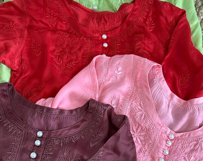 Satin Chikankari Kurta / Hand embroidered /Free Shipping in US