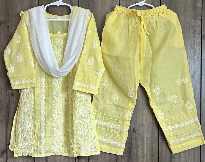 Yellow Chikankari Girls Kurta Pants Set / Soft Cotton /Free Shipping in US