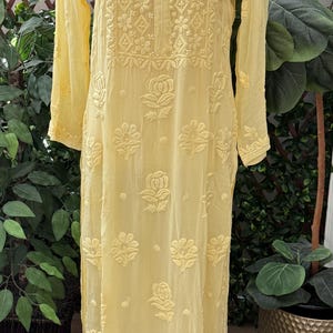 Lucknow Chikankari Yellow Kurta / Fine Georgette / Liner included/ Free Shipping in US