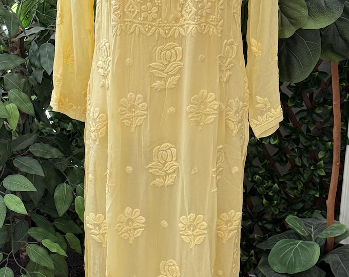 Lucknow Chikankari Yellow Kurta / Fine Georgette / Liner included/ Free Shipping in US