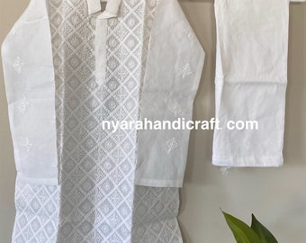 Boys pure cotton White Kurta Pajama set with Chikankari hand embroidery/ Free Shipping