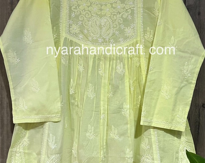 Yellow Chikankari Short A line Blouse / Kurti / Pure Cotton / Hand Embroidered /Free Shipping in US