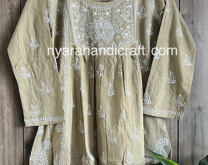 Chikankari Short A line Blouse / Kurti / Pure Cotton / Hand Embroidered /Free Shipping in US