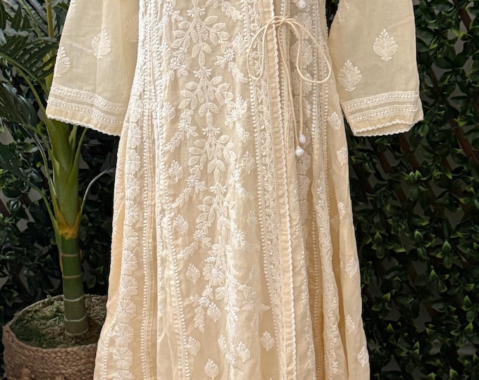 Beige Chikankari Angarkha on Soft Cotton / Liner included / Free Shipping